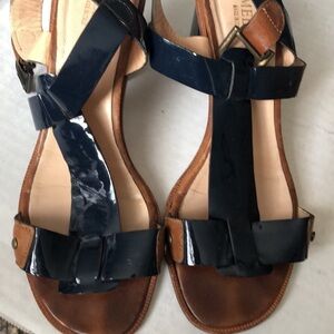 melin blue patent and tan leather strap sandals in size 8